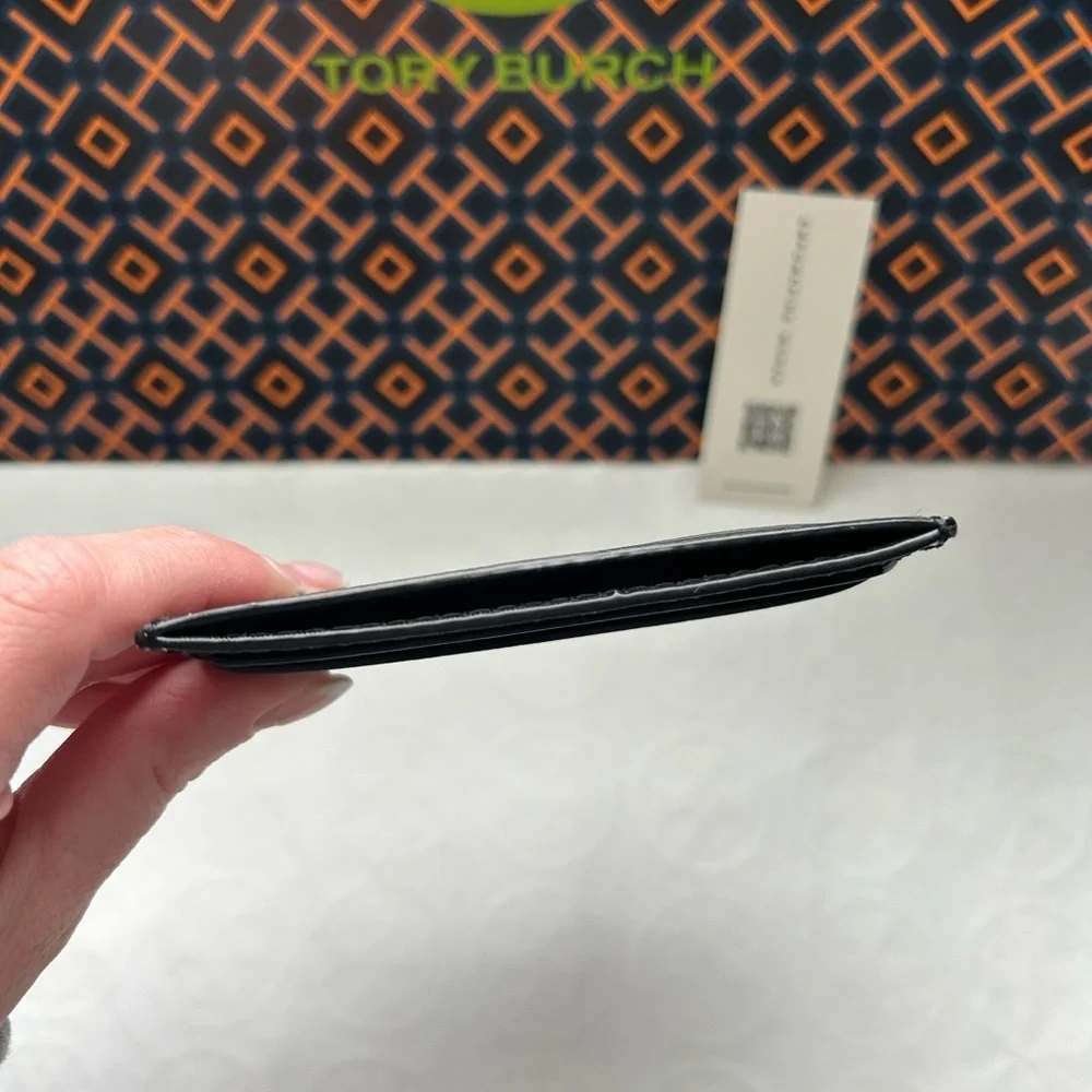 Tory Burch Emerson Printed Slim Card Case Black Tossed Bow Silver Black White